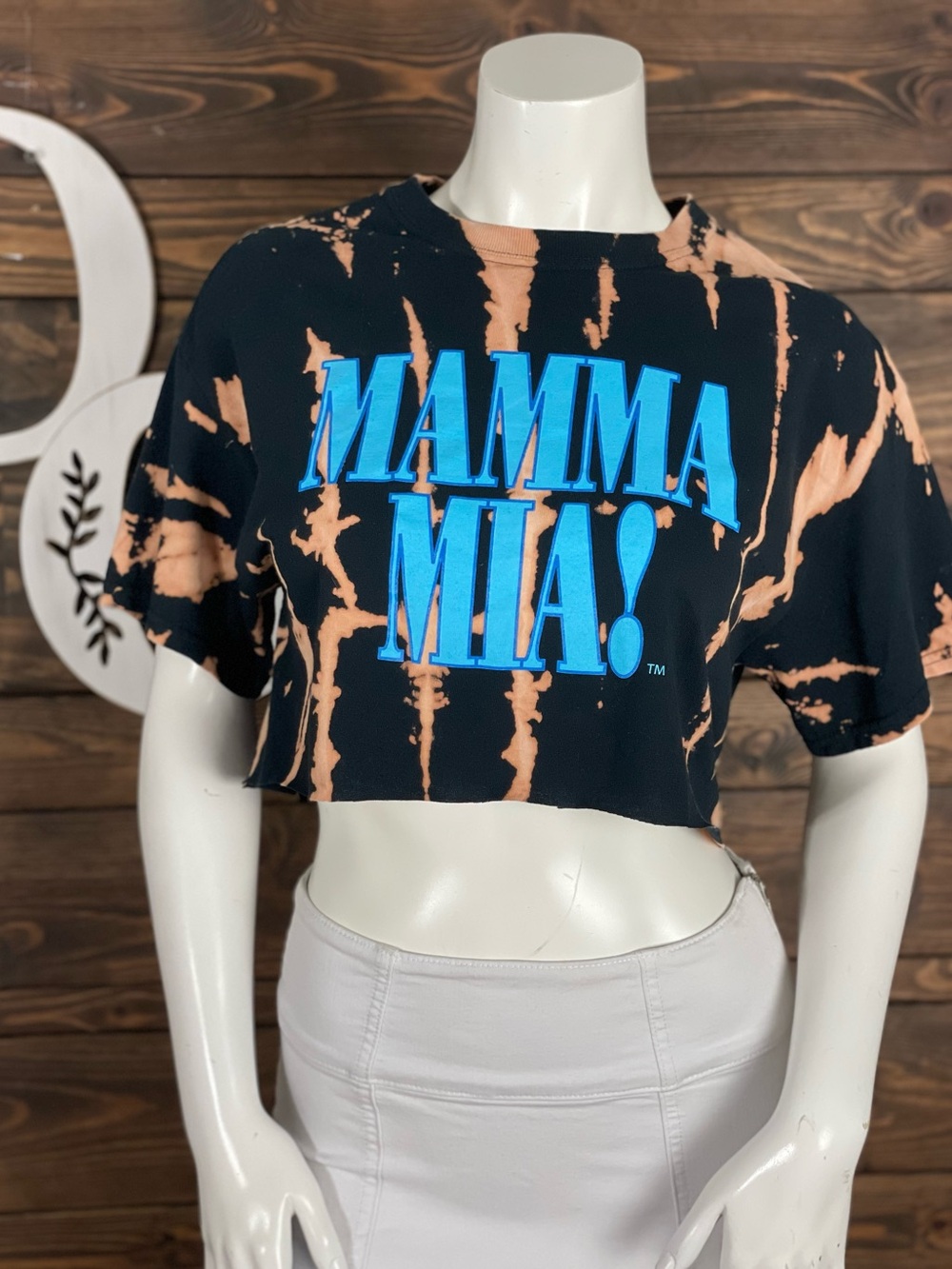 Mama Mia | Bleach Out Tie-Dye 'MAMMA MIA!' Cropped Tee Custom Upcycled Reworked
